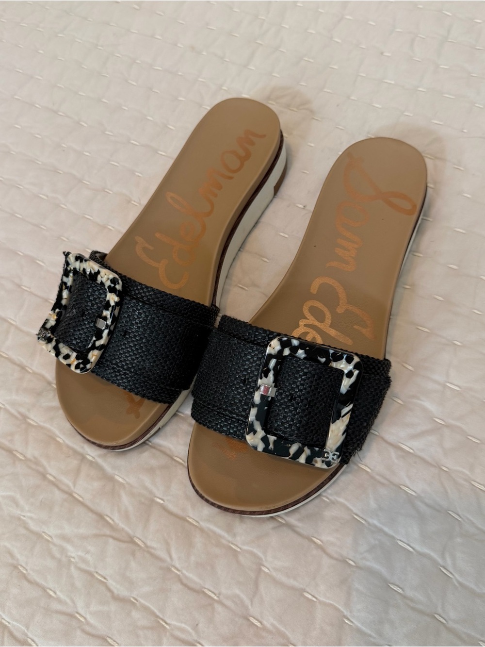 Sam Edelman Black Slide Sandals with Patterned Buckle
